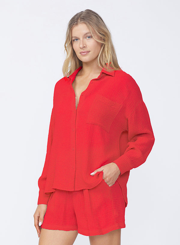 stateside Gauze Oversized Shirt in Cherry Pie