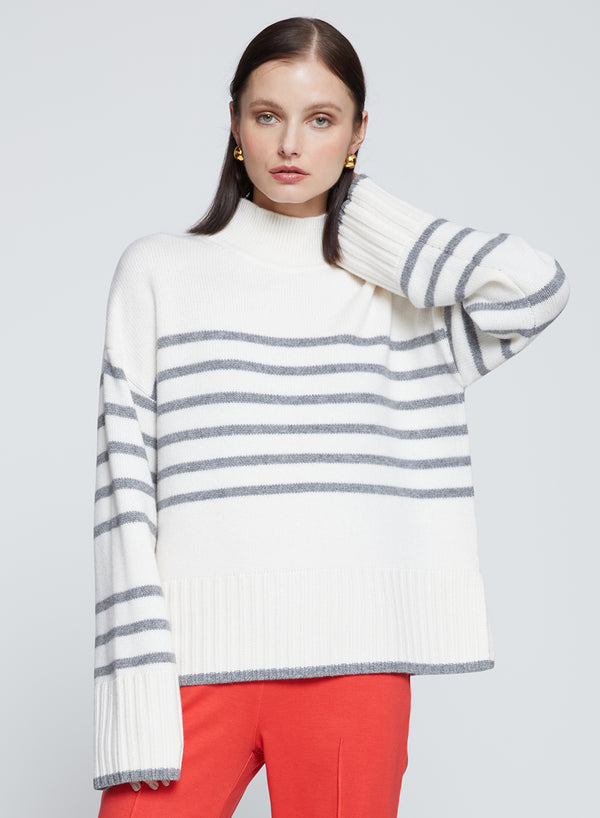 stateside Grey Striped Mock Neck Sweater in Cream