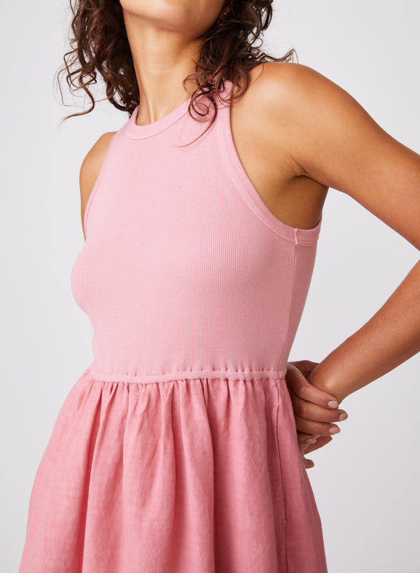 Stateside Stateside Linen Mixed Media High Neck Dress In Mauve Glow