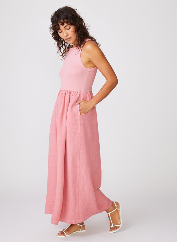 Stateside Stateside Linen Mixed Media High Neck Dress In Mauve Glow