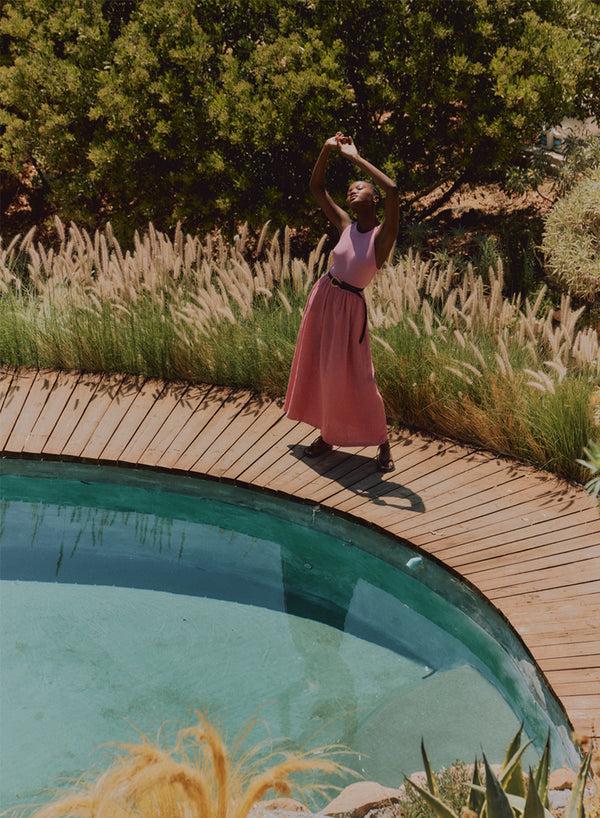 stateside Stateside Linen Mixed Media High Neck Dress in Mauve Glow