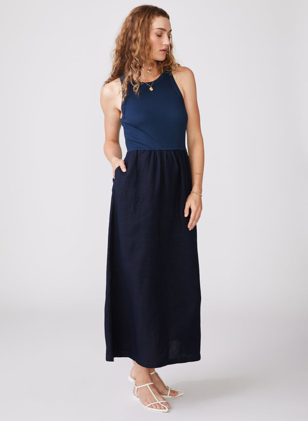 Stateside Stateside Linen Mixed Media High Neck Dress In New Navy