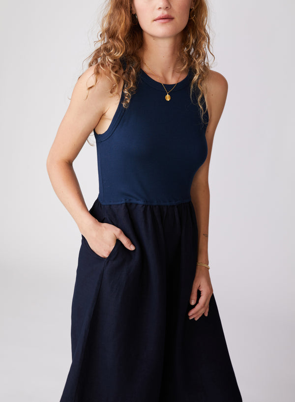 Stateside Stateside Linen Mixed Media High Neck Dress In New Navy