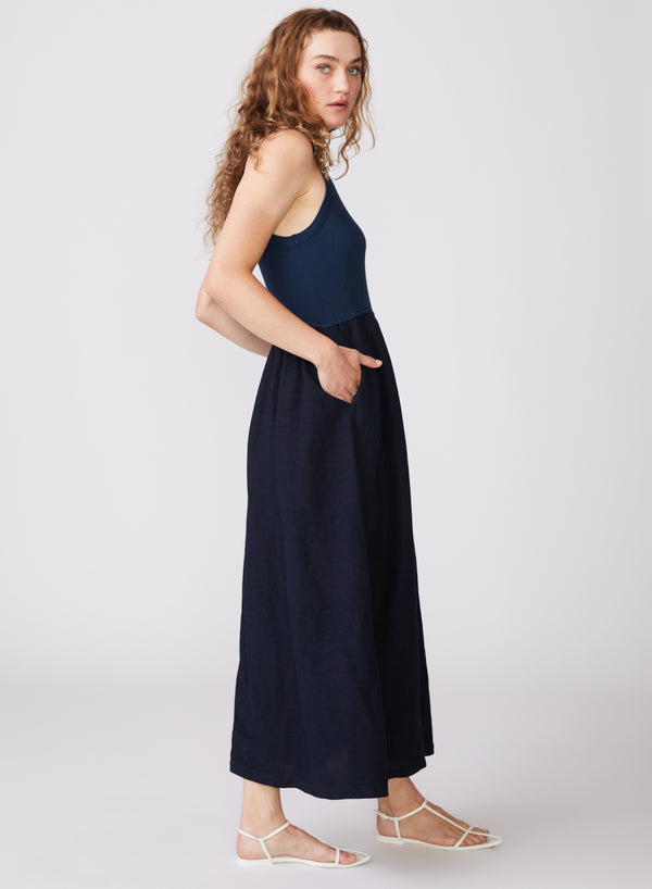 Stateside Stateside Linen Mixed Media High Neck Dress In New Navy