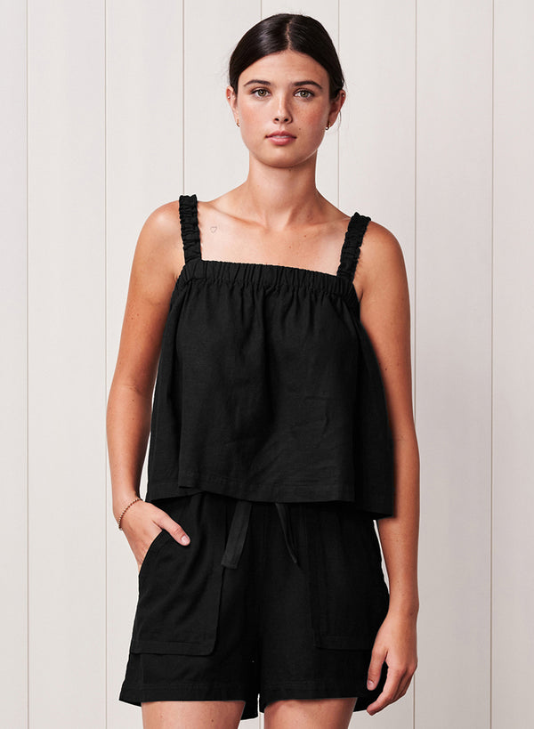 Stateside Linen Ruched Shoulder Tank In Black