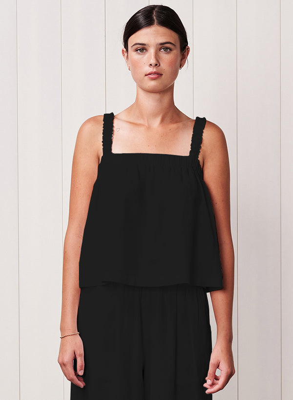stateside Linen Ruched Shoulder Tank in Black
