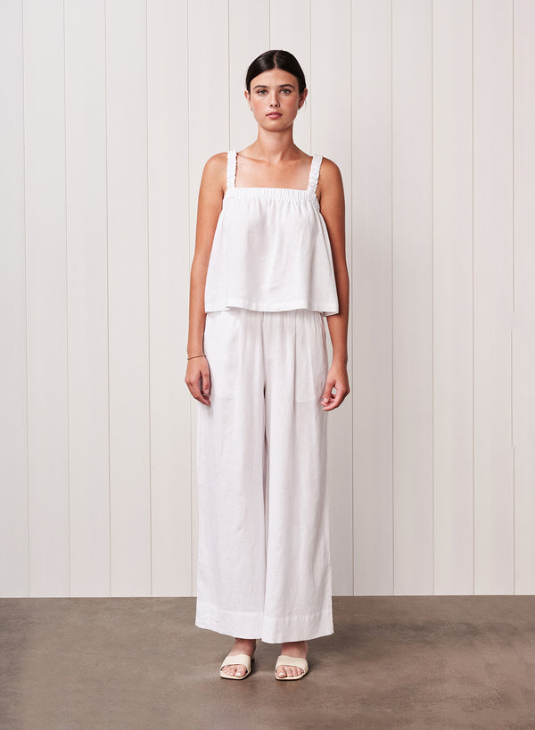 stateside Linen Ruched Shoulder Tank in White