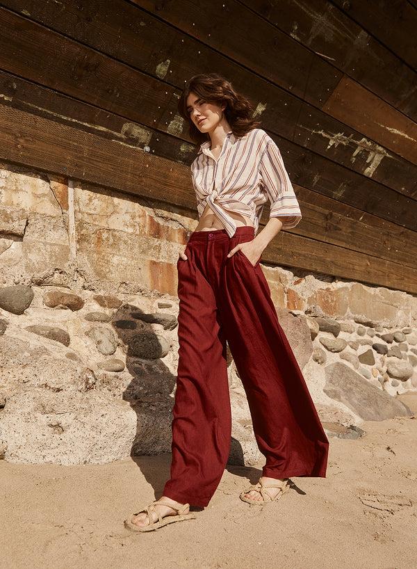stateside Linen Wide Leg Trouser in Bordeaux