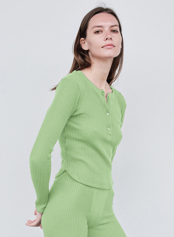 Stateside Luxe Thermal Henley Top In Wasabi
