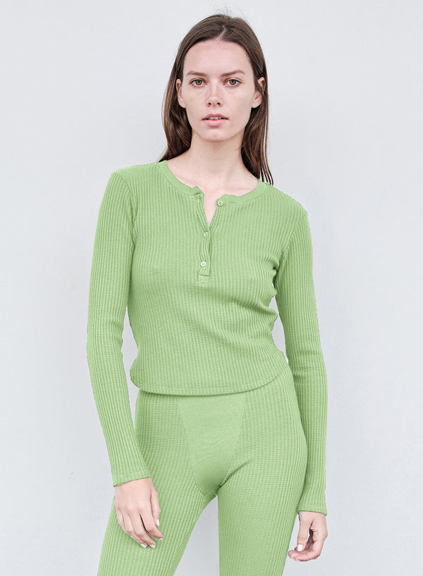 stateside Luxe Thermal Henley Top in Wasabi