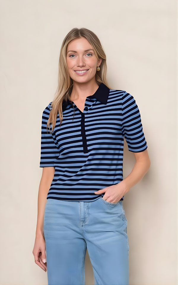 stateside Preppy Stripe Polo Top in Blue Topaz