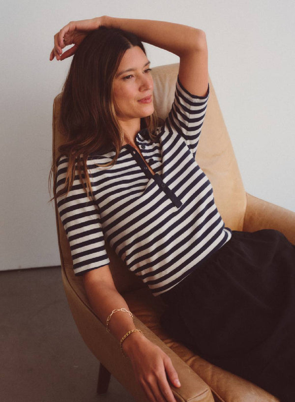 stateside Preppy Stripe Polo Top in Cream