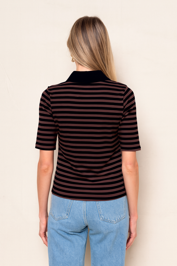 Stateside Preppy Stripe Polo Top In Espresso
