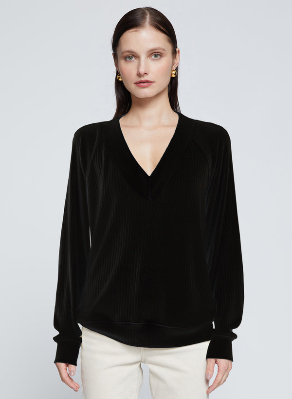 stateside Rachel Chunky Rib V-Neck Raglan in Black