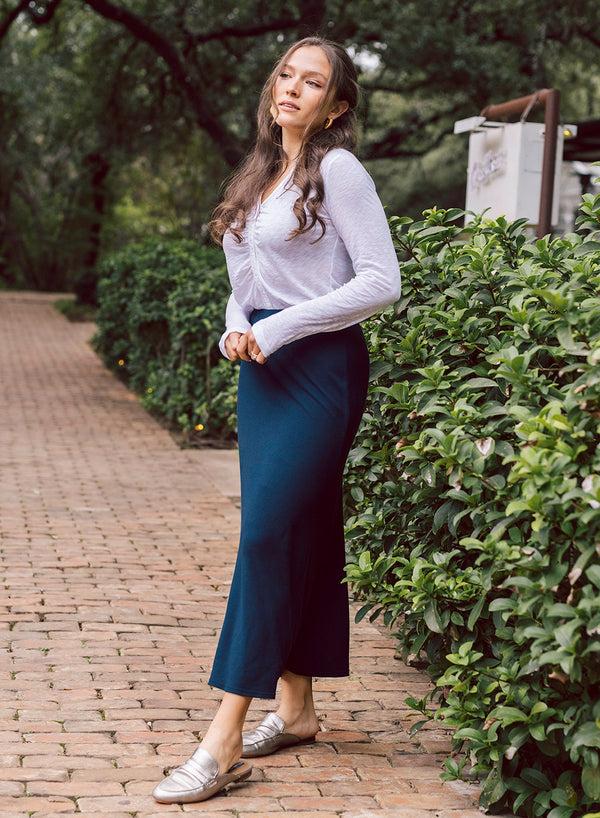 stateside Rib Bias Cut Skirt in New Navy