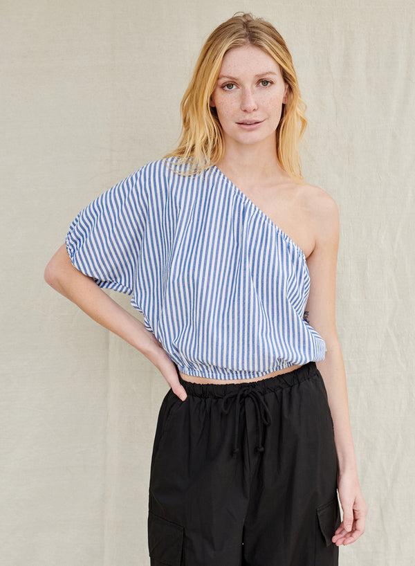 Stateside Stripe Poplin One-shoulder Top In Denim