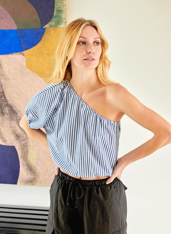 stateside Stripe Poplin One-shoulder Top in Denim