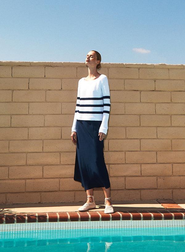 Stateside Striped Raglan Pullover Sweater In White