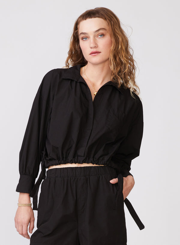 Stateside Structured Poplin Tie Hem Shirt In Black