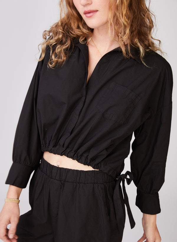 stateside Structured Poplin Tie Hem Shirt in Black