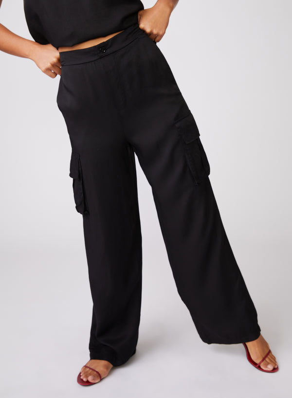 Stateside Viscose Satin Cargo Pant In Black