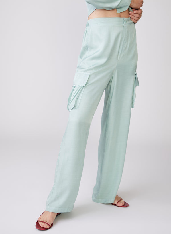 Stateside Viscose Satin Cargo Pant In Honeydew