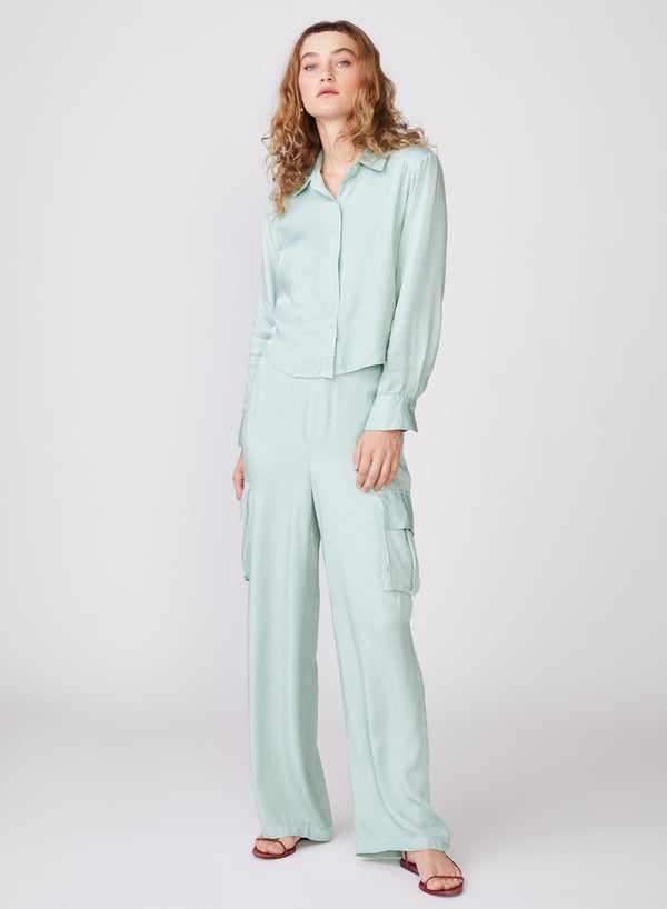Stateside Viscose Satin Cargo Pant In Honeydew