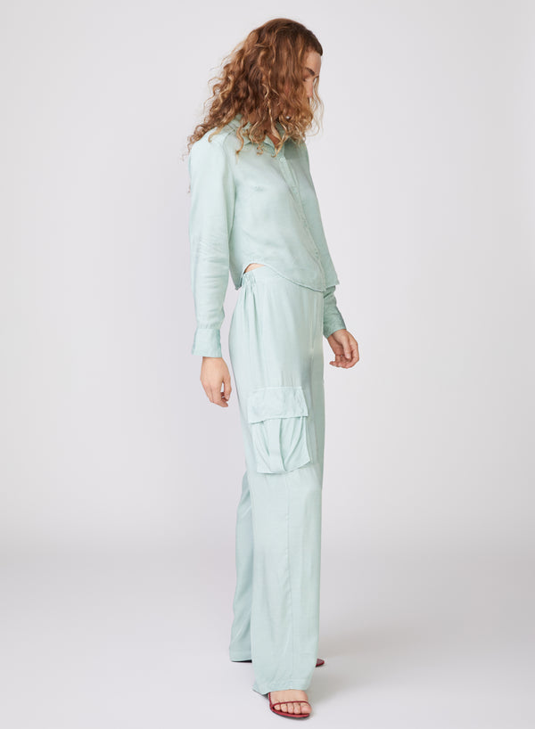 Stateside Viscose Satin Cargo Pant In Honeydew