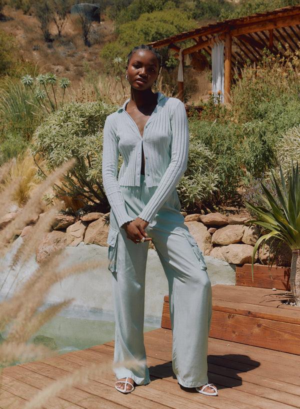 stateside Viscose Satin Cargo Pant in Honeydew