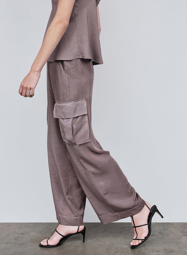 Stateside Viscose Satin Cargo Pant In Walnut