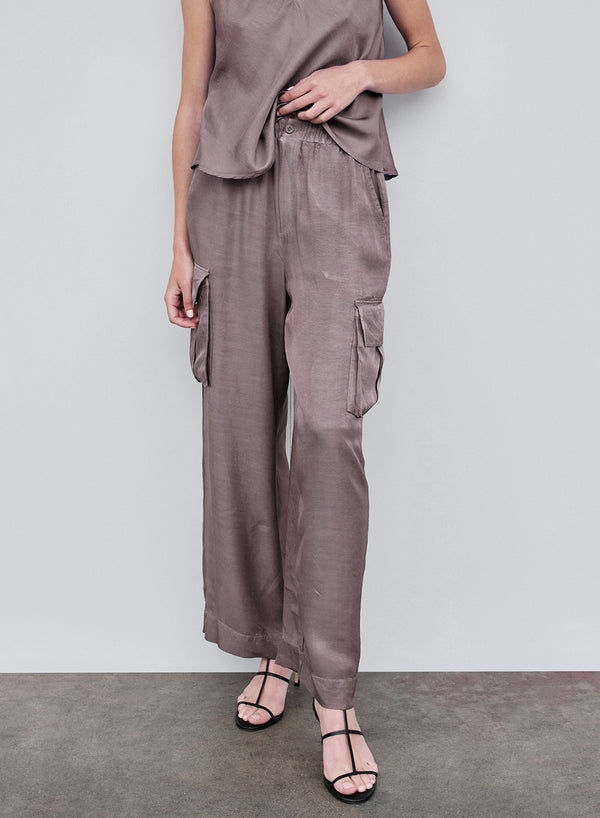 stateside Viscose Satin Cargo Pant in Walnut