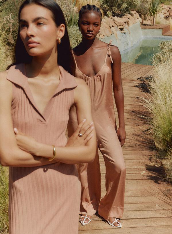 Stateside Viscose Satin Jumpsuit In Cafe