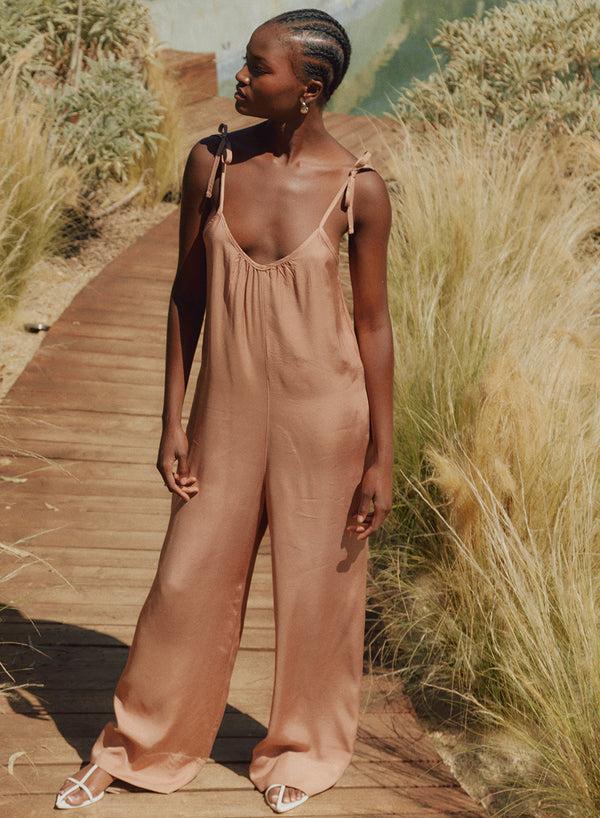stateside Viscose Satin Jumpsuit in Cafe