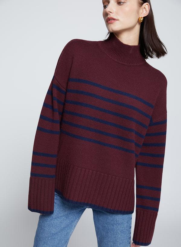 Stateside Striped Mock Neck Sweater In Cherry Liquor
