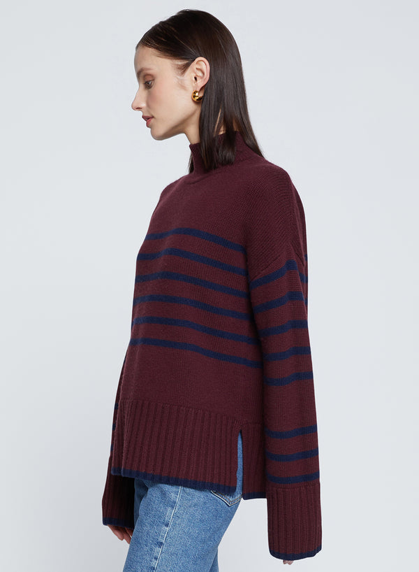 Stateside Striped Mock Neck Sweater In Cherry Liquor