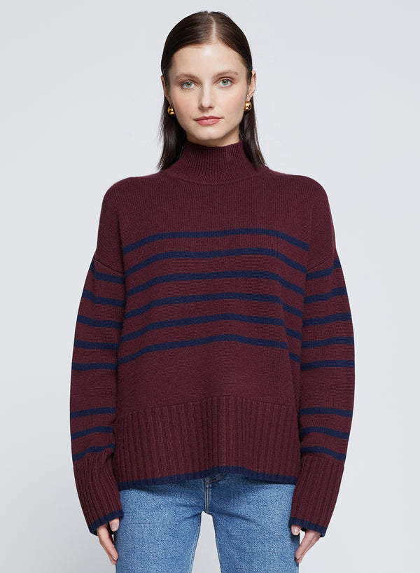 stateside Striped Mock Neck Sweater in Cherry Liquor