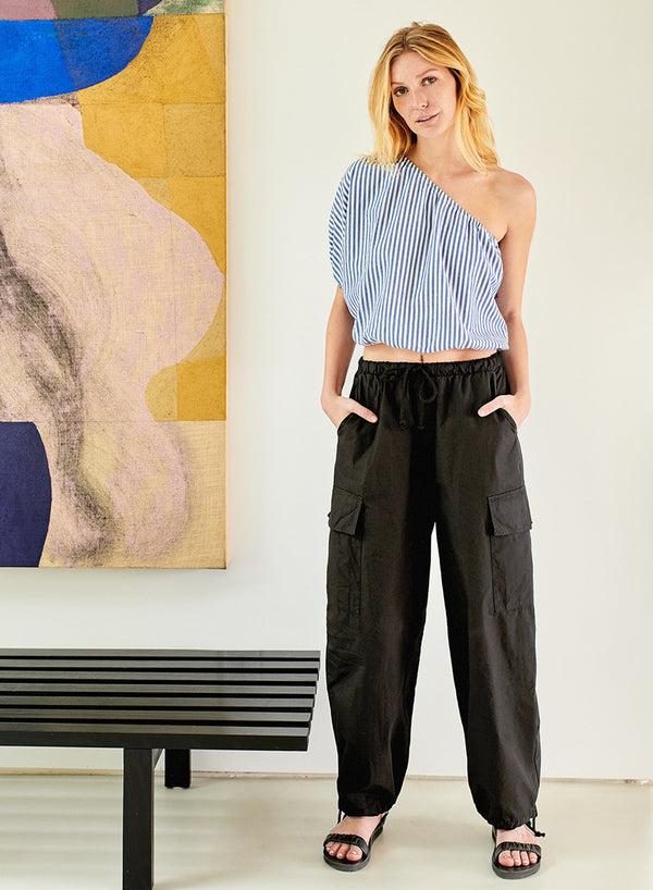 stateside Structured Poplin Drawstring Cargo Pant in Black