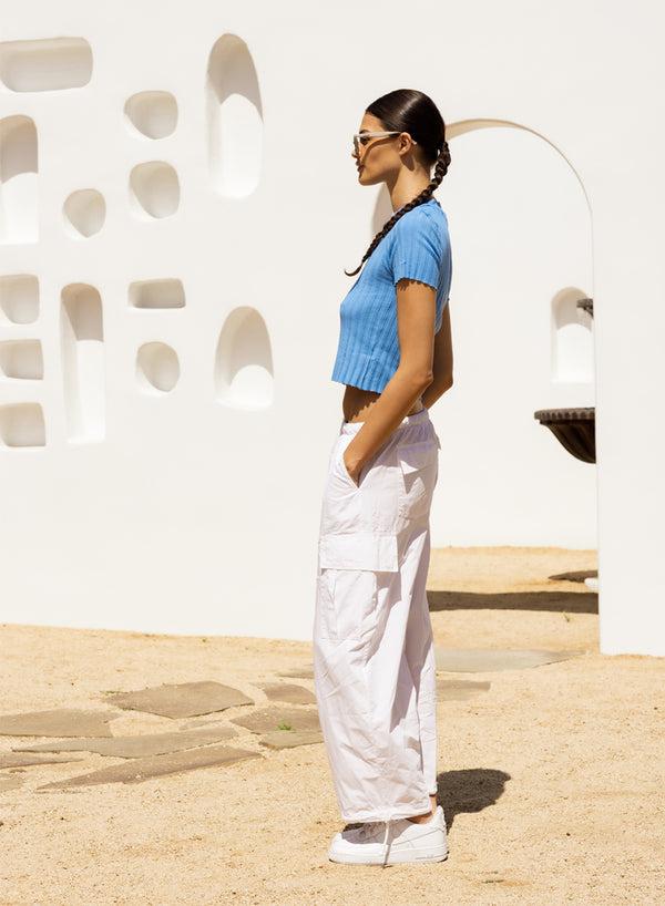 stateside Structured Poplin Drawstring Cargo Pant in White