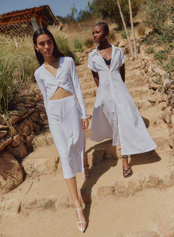 stateside Structured Poplin Maxi Shirt Dress in White