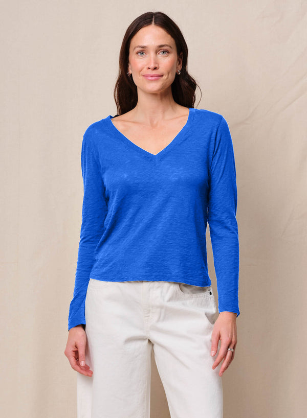 stateside Supima Cotton Slub Jersey Long Sleeve V-Neck in Cobalt
