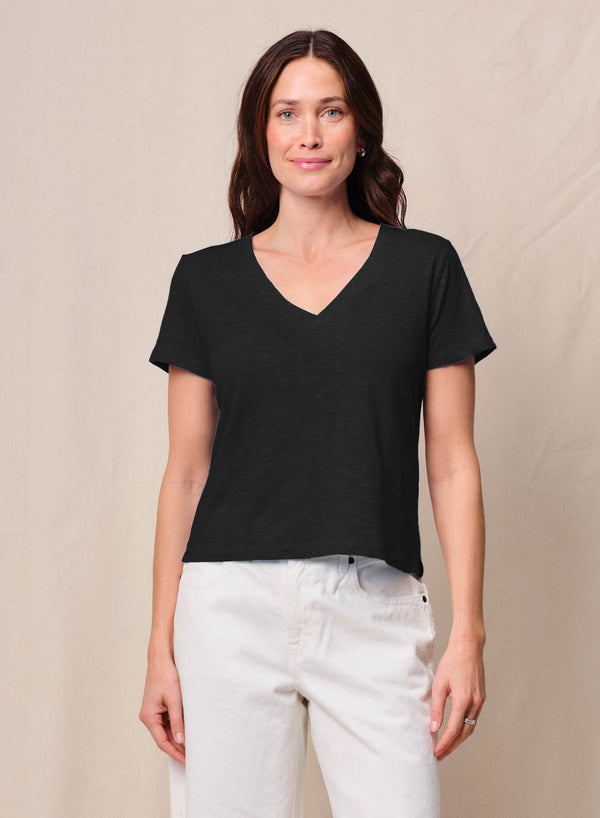 stateside Supima Slub Jersey Short Sleeve V-Neck in Black