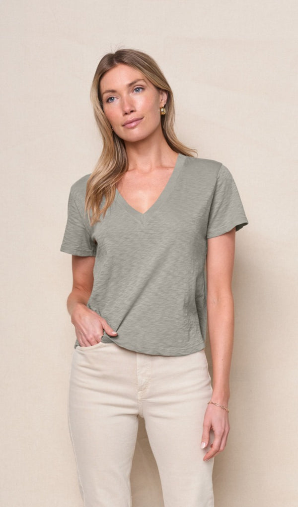 stateside Supima Slub Jersey Short Sleeve V-Neck in Thyme