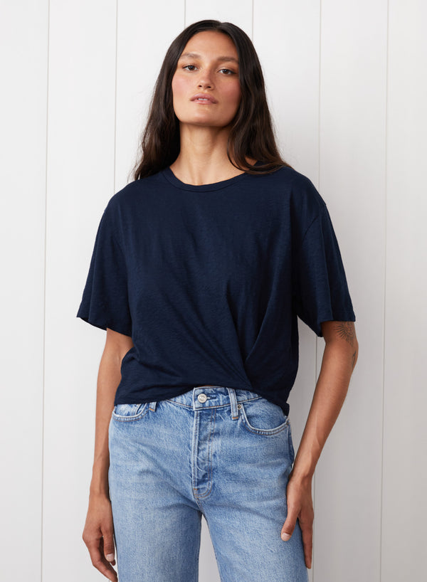 Stateside Supima Slub Short Sleeve Twist Cropped Top In New Navy