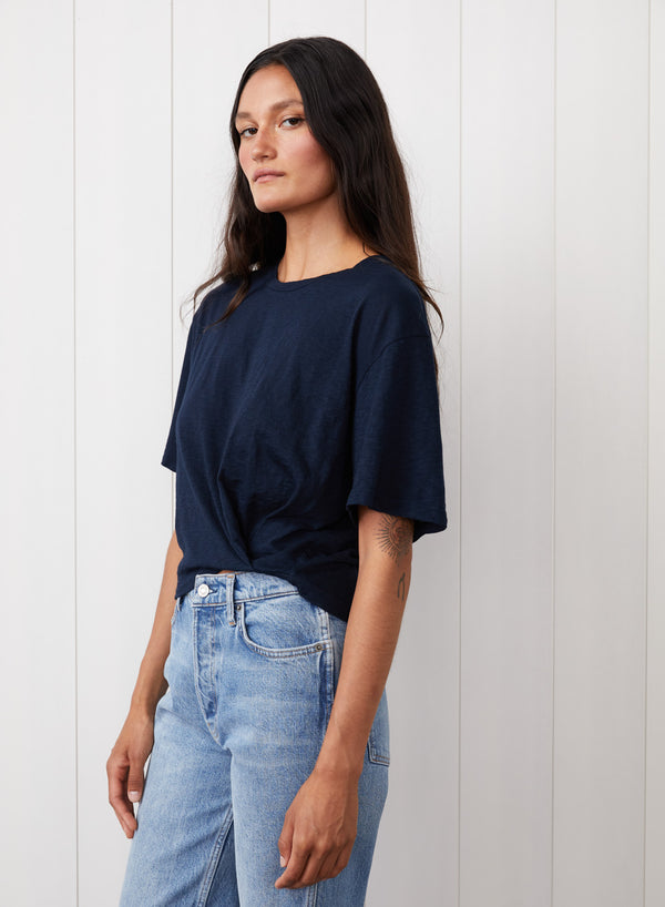 Stateside Supima Slub Short Sleeve Twist Cropped Top In New Navy