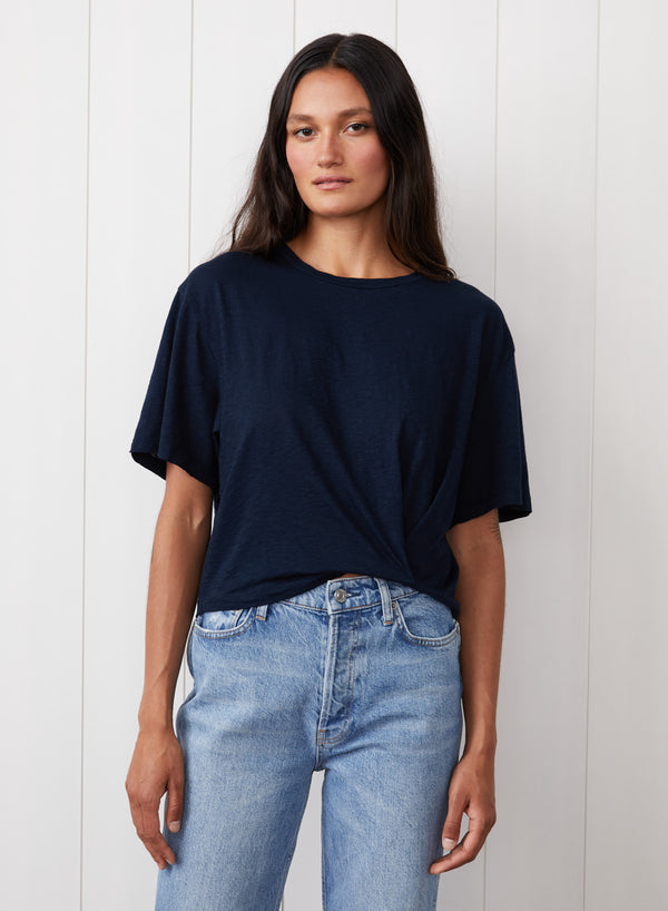 stateside Supima Slub Short Sleeve Twist Cropped Top in New Navy