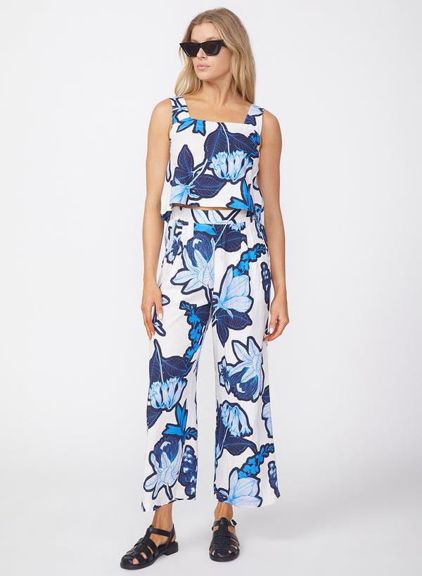 Stateside Tropical Floral Linen Cropped Tank In Sport Blue