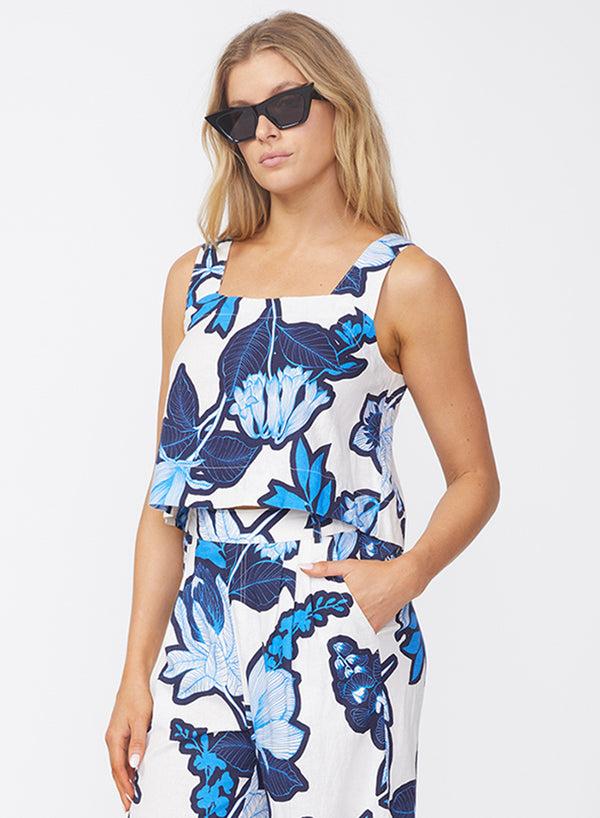 Stateside Tropical Floral Linen Cropped Tank In Sport Blue
