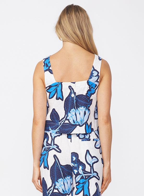 Stateside Tropical Floral Linen Cropped Tank In Sport Blue