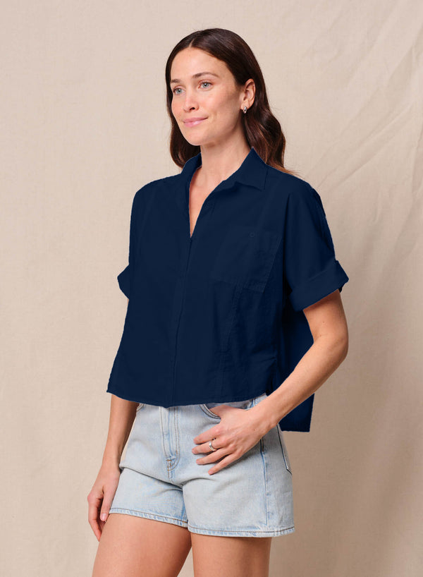 Stateside Voile Short Sleeve Dolman Shirt In New Navy