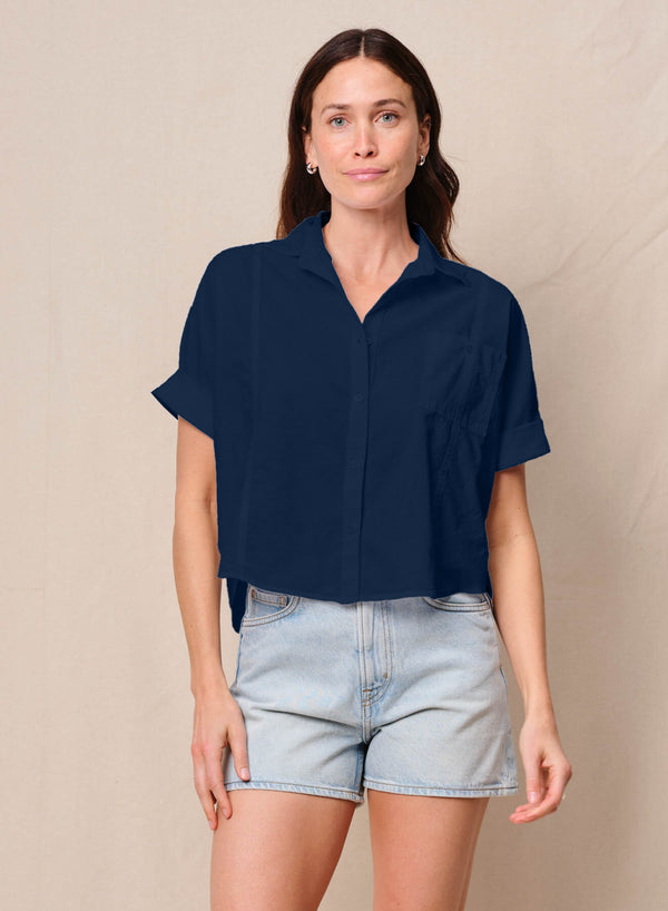 stateside Voile Short Sleeve Dolman Shirt in New Navy